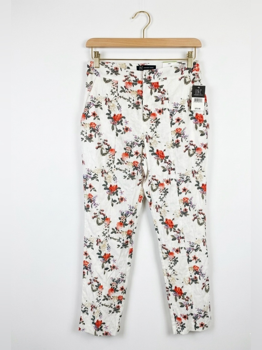 INWT• INC International Concepts Linen Floral Slim Trousers 4 White Coral